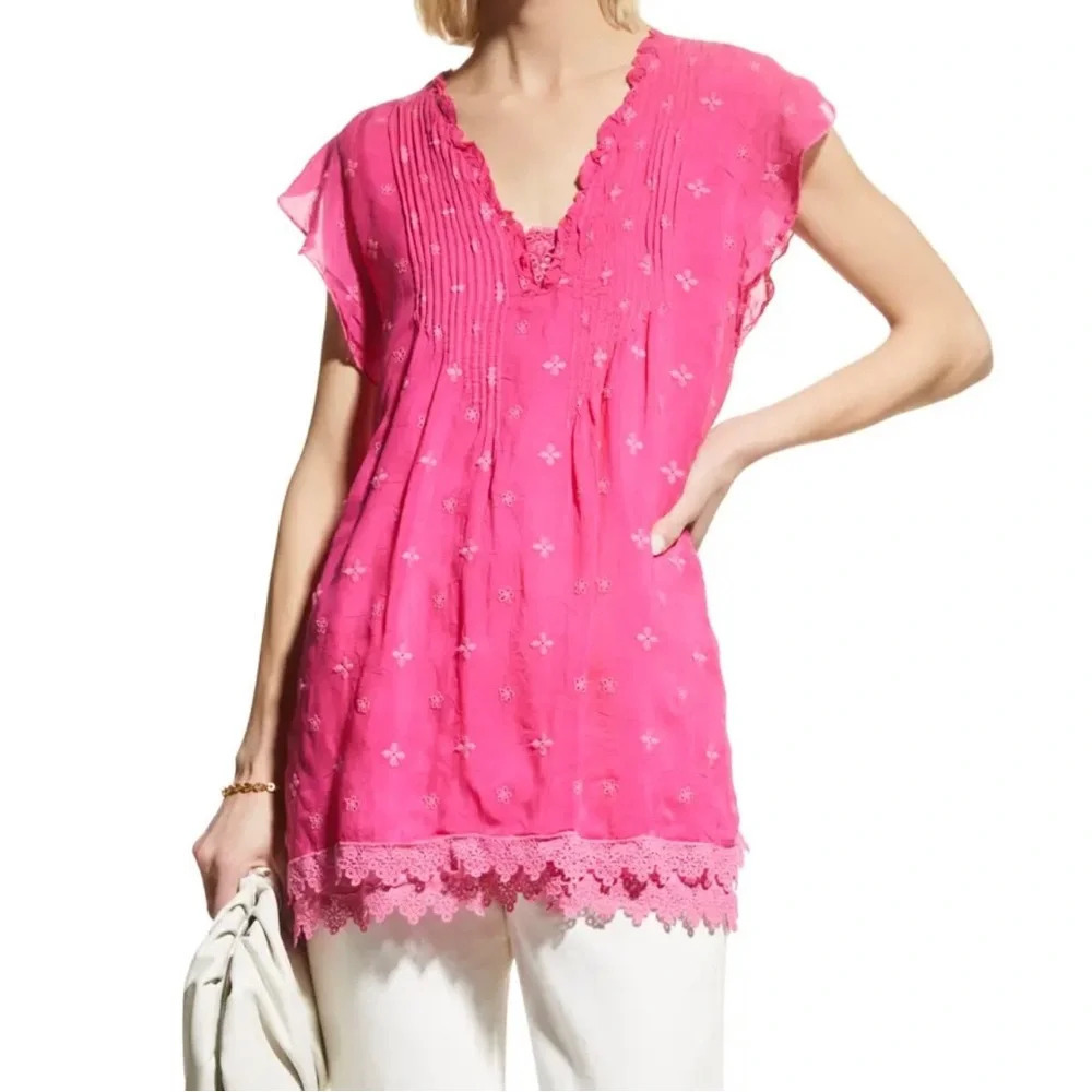 JOHNNY WAS Athena Tunic Pink Eyelet Summer Flutter Sleeves Top BNWT